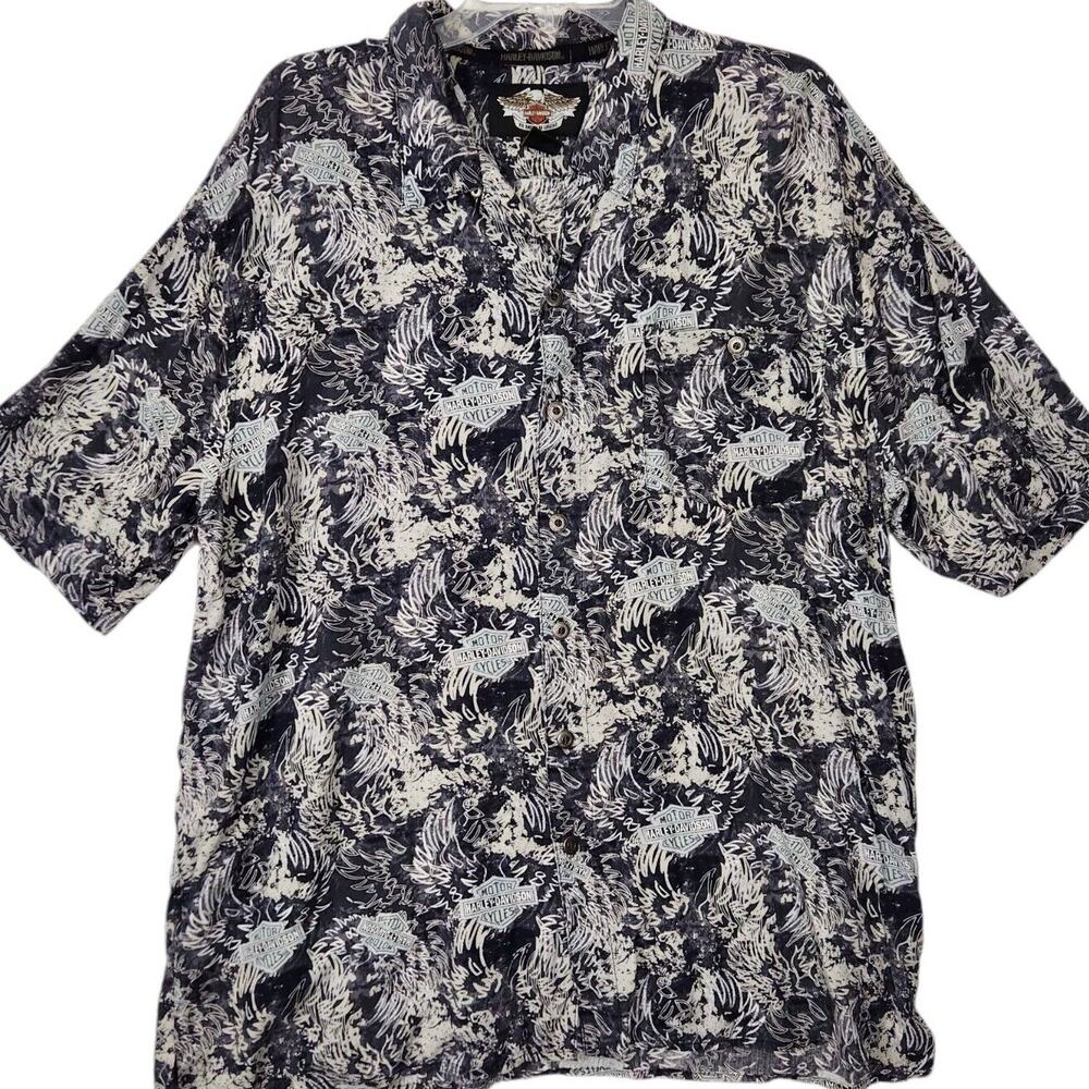 VTG HARLEY DAVIDSON MEN HAWAIIAN BUTTON UP SHIRT EAGLE LOGO PRINT RAYON SZ XL